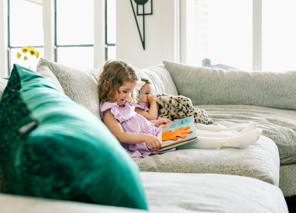 children reading during in home photography session