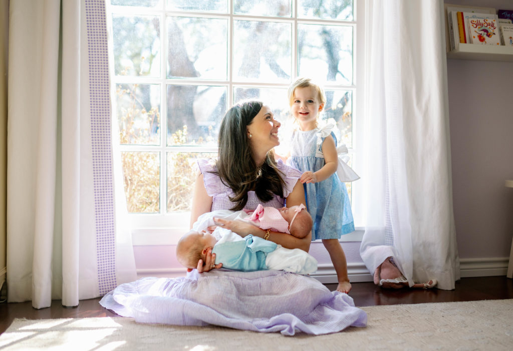 mother and children during in home newborn session fort worth